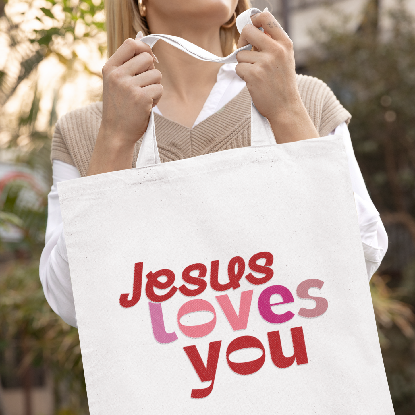 Jesus Loves You Tote Bag – Christian Faith Gift, Aesthetic Scripture Tote for Women, Religious Bible Verse Bag, Inspirational Tote