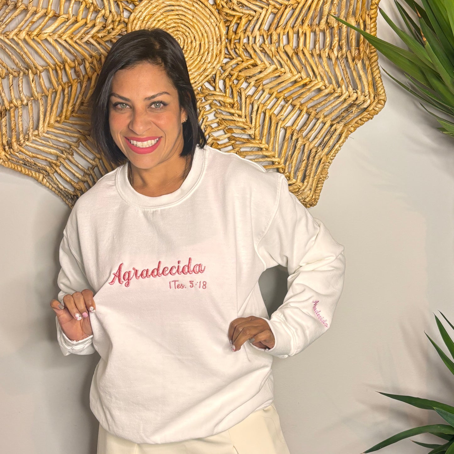 Agradecida, Grateful, Embroidered Sweaters for Christian women, grateful, loved, beautiful, wise, blessed, valuable, woman of God, Embroidered Sweaters with Words of Affirmation, Christian Clothing, Faith-Based Gifts embroidered details on one sleeve,