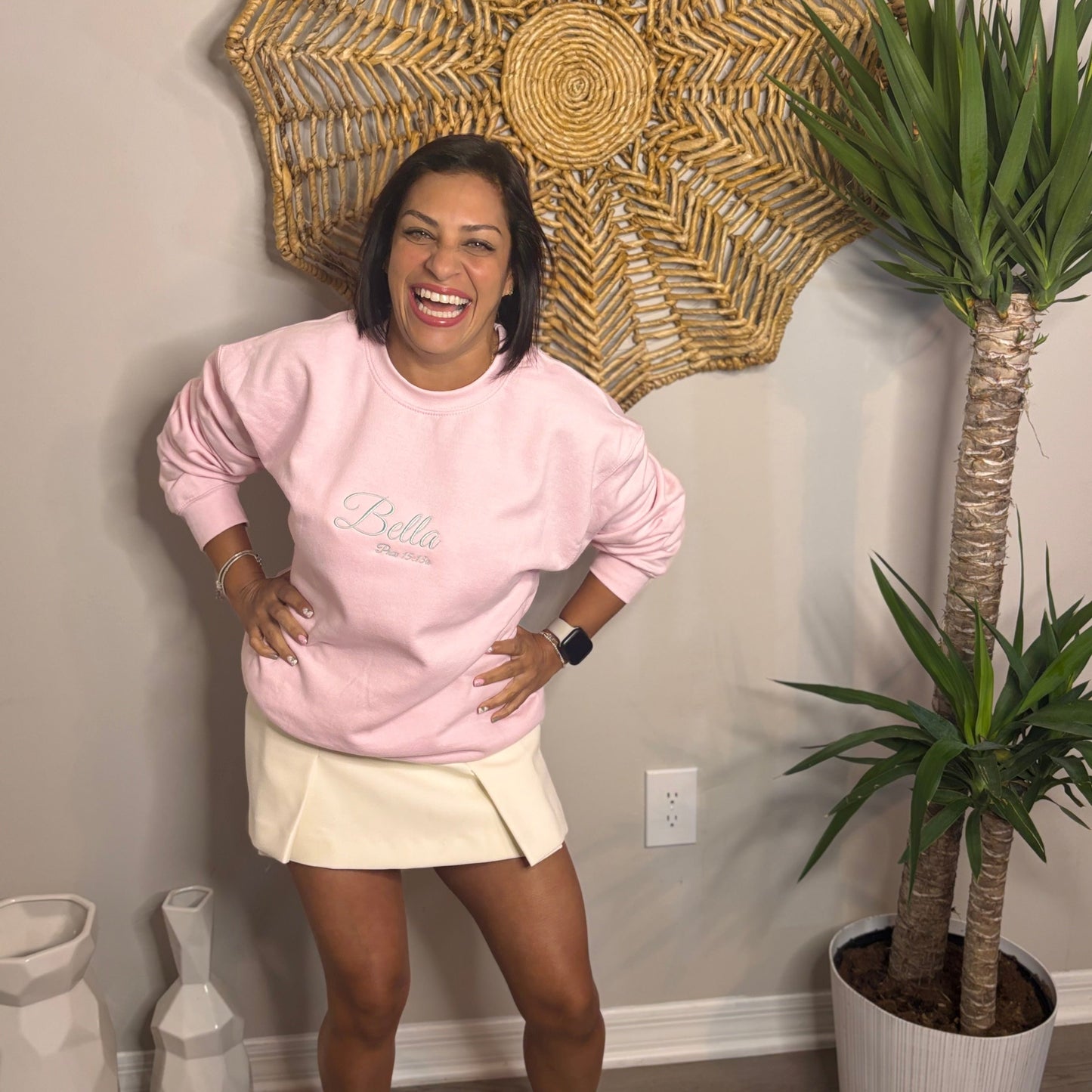 Bella, Beautiful Prov. 15:13 A happy heart makes the face cheerful. embroidered sweater with words of affirmation for women, Christian gifts, gifts based on faith, Christian woman