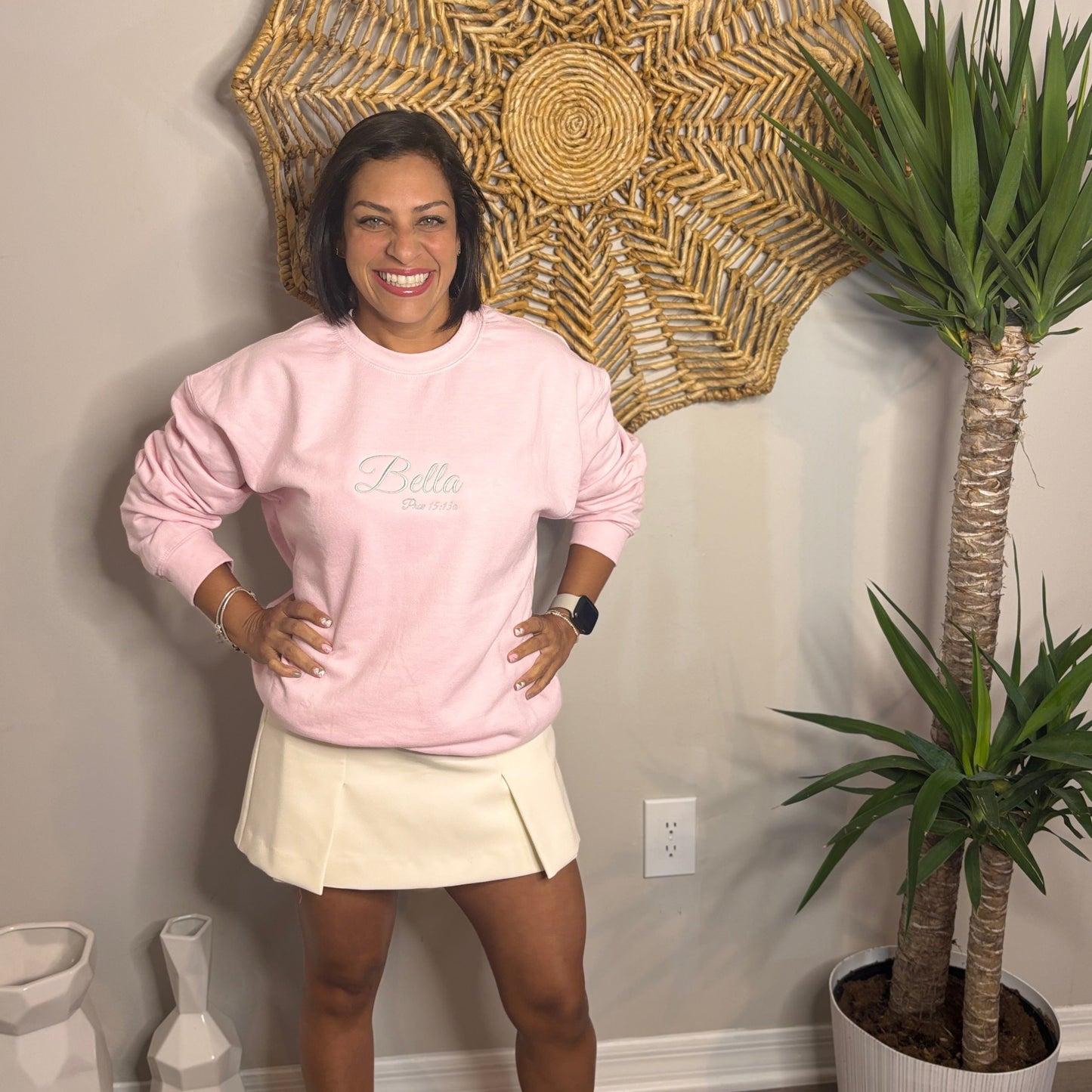 Bella, Beautiful Prov. 15:13 A happy heart makes the face cheerful. embroidered sweater with words of affirmation for women, Christian gifts, gifts based on faith, Christian woman