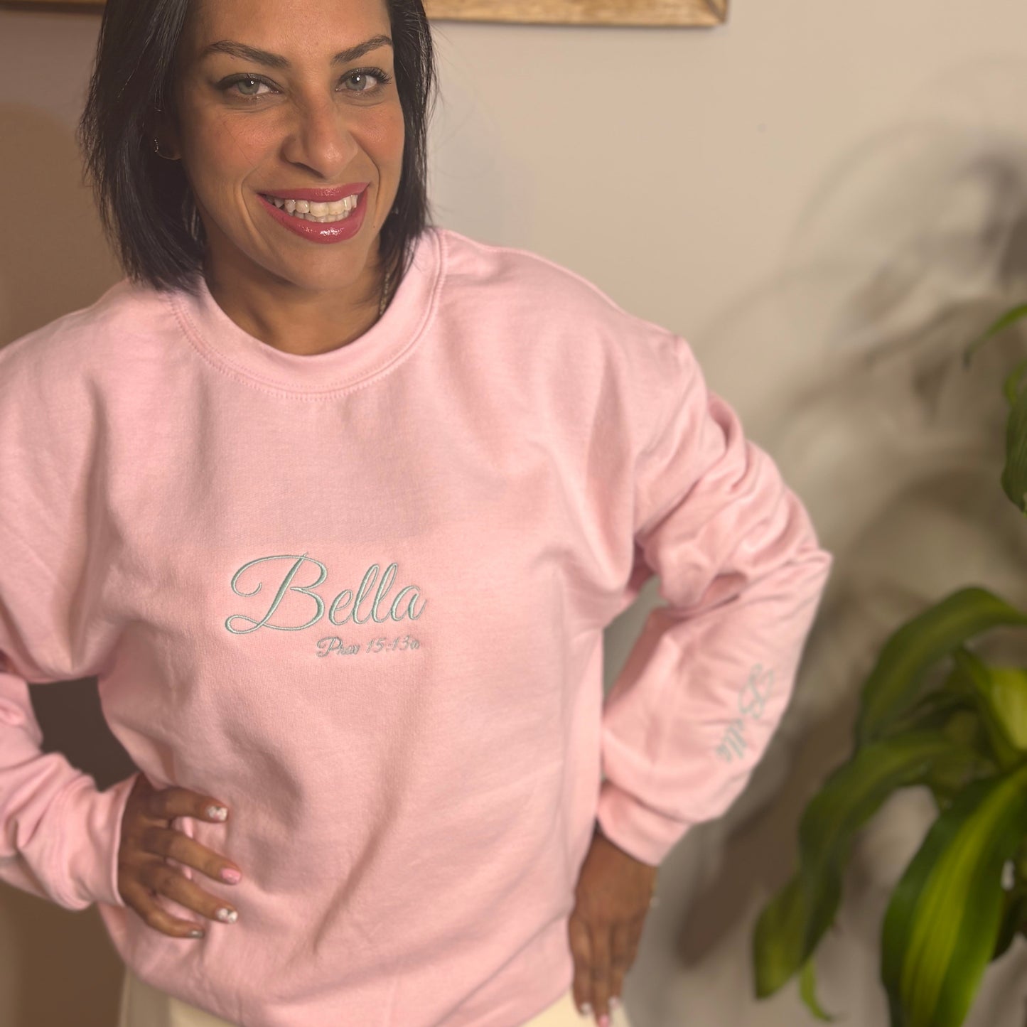 Bella, Beautiful Prov. 15:13 A happy heart makes the face cheerful. embroidered sweater with words of affirmation for women, Christian gifts, gifts based on faith, Christian woman