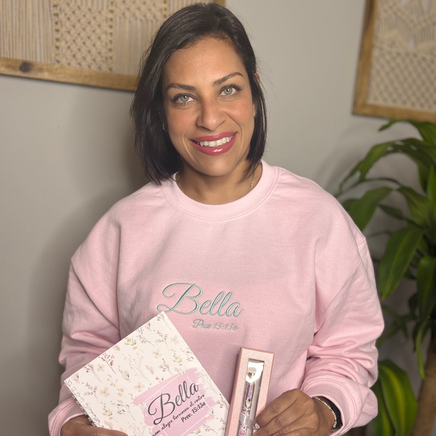 Bella, Beautiful Prov. 15:13 A happy heart makes the face cheerful. embroidered sweater with words of affirmation for women, Christian gifts, gifts based on faith, Christian woman