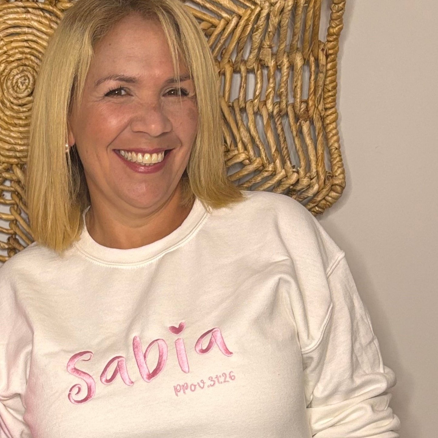 Sabia, Wise woman  Prov 31:26, embroidered sweater with words of affirmation for women, Christian gifts, gifts based on faith, Christian woman