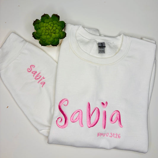 Sabia, Wise woman  Prov 31:26, embroidered sweater with words of affirmation for women, Christian gifts, gifts based on faith, Christian woman