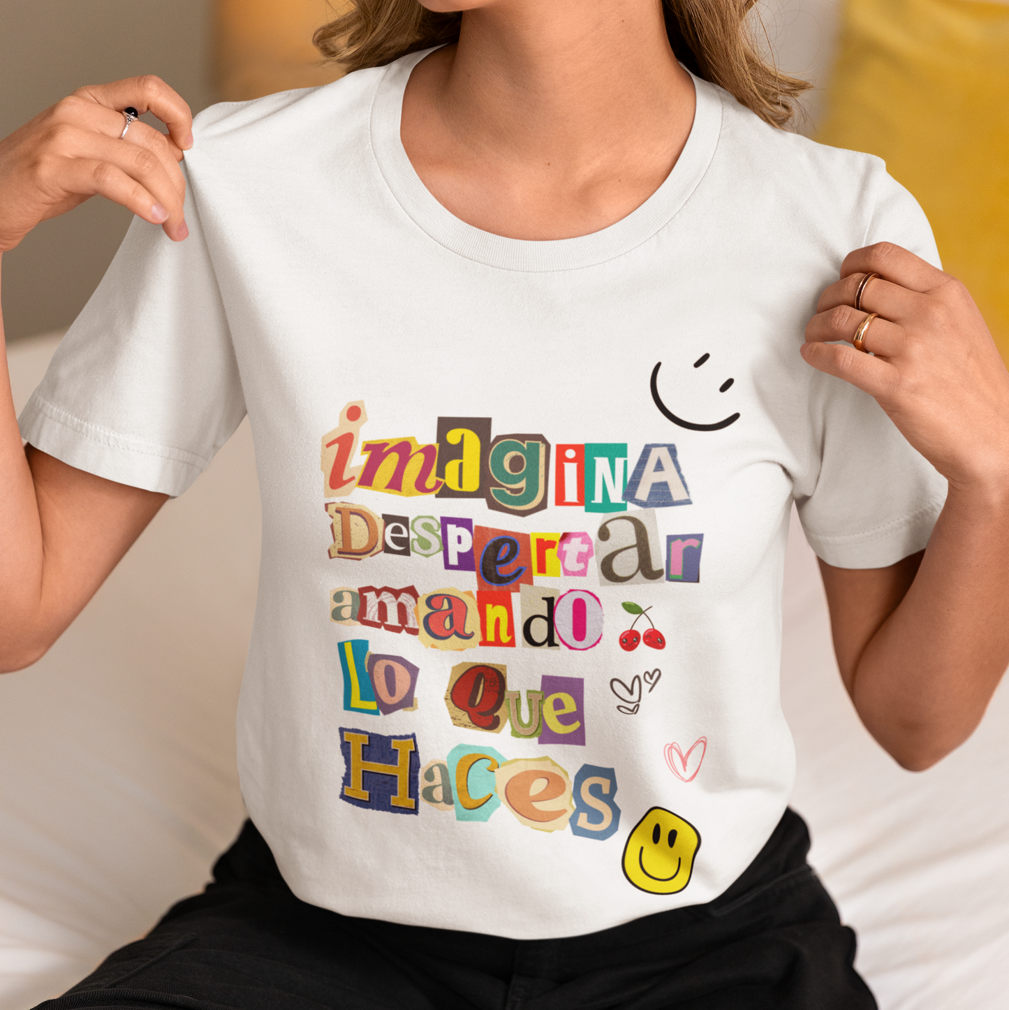 Imagina despertar amando lo que haces" ✨ Retro T-shirt, tumbler &amp; notebook. Inspiring design for dreamers, doers &amp; creators worldwide