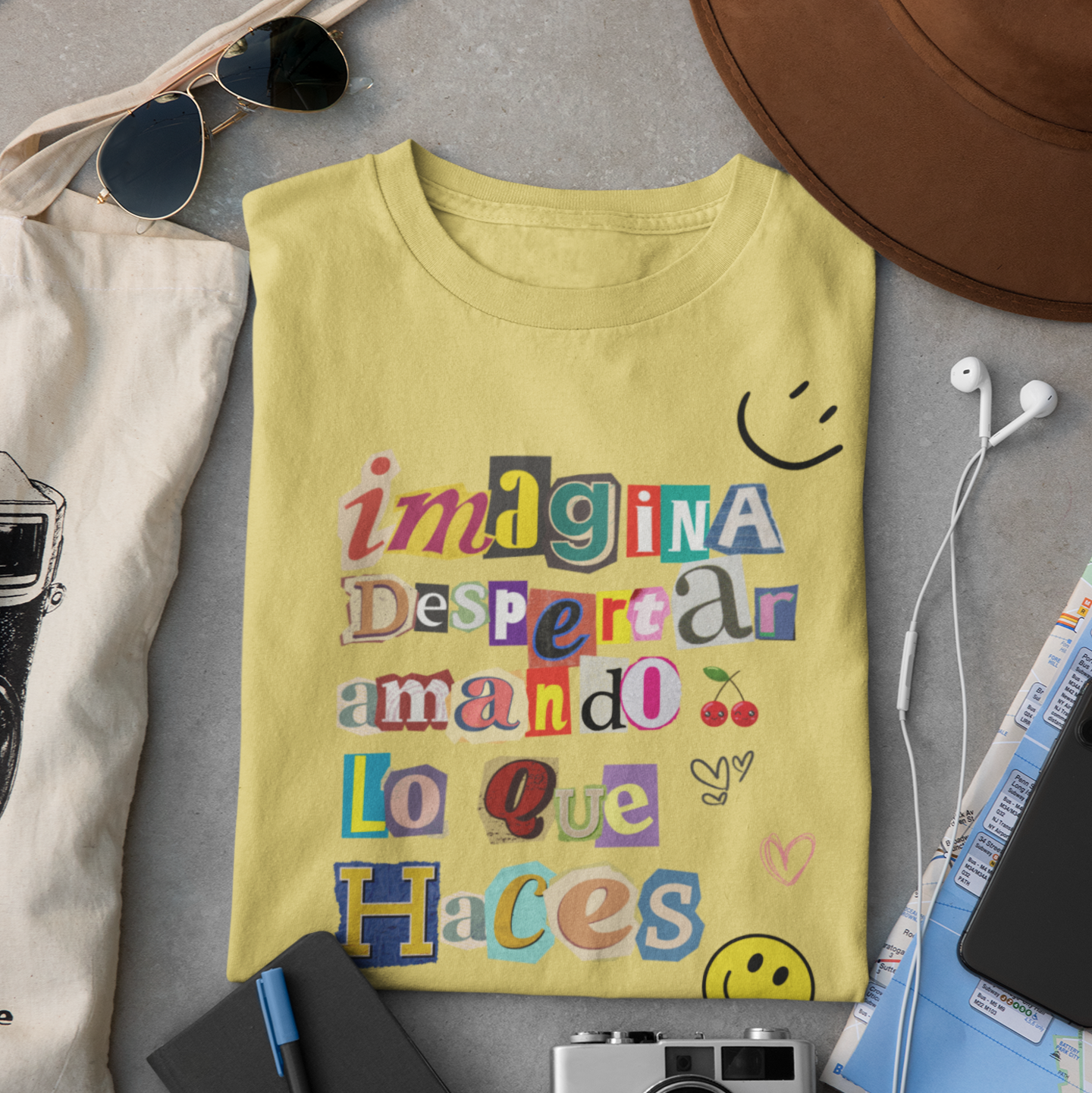 Imagina despertar amando lo que haces" ✨ Retro T-shirt, tumbler &amp; notebook. Inspiring design for dreamers, doers &amp; creators worldwide