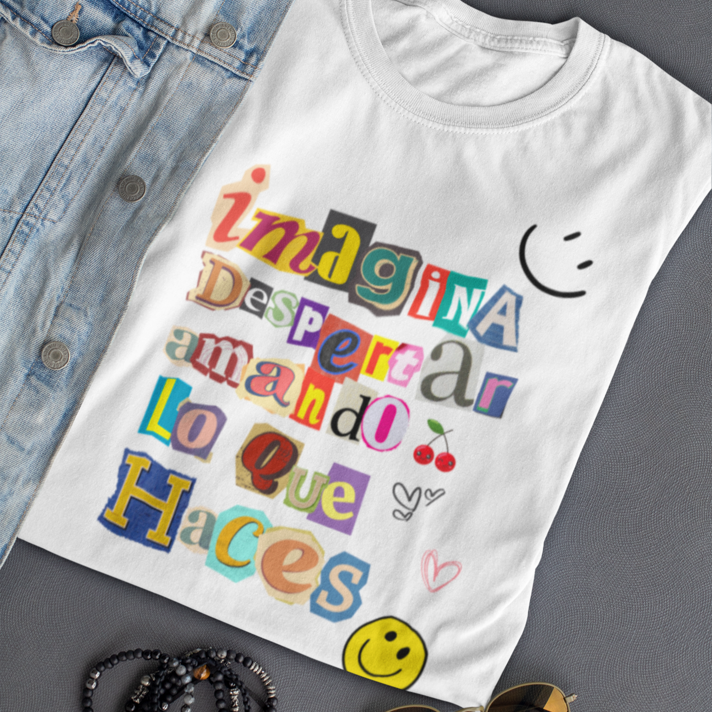 Imagina despertar amando lo que haces" ✨ Retro T-shirt, tumbler &amp; notebook. Inspiring design for dreamers, doers &amp; creators worldwide