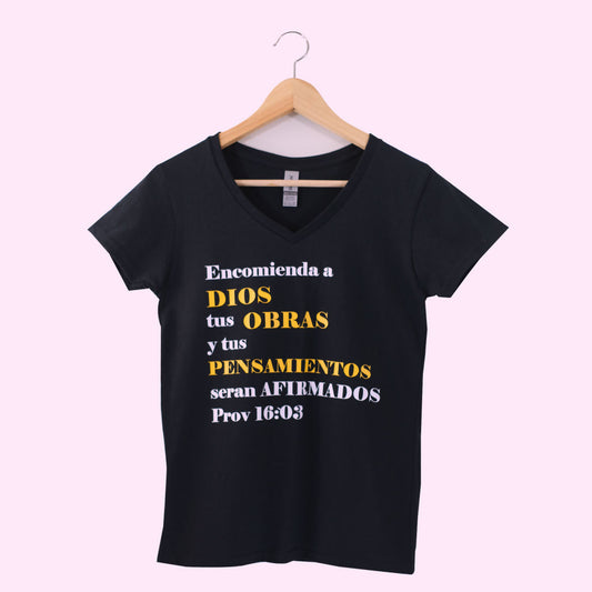 "Encomienda a Dios tus Obras y tus Pensamientos seran Afirmados Prov 16:03" Bible Verse Tees, Religious Tshirt, Spanish Christian Gift, Faith Shirt, Hispanic Apparel